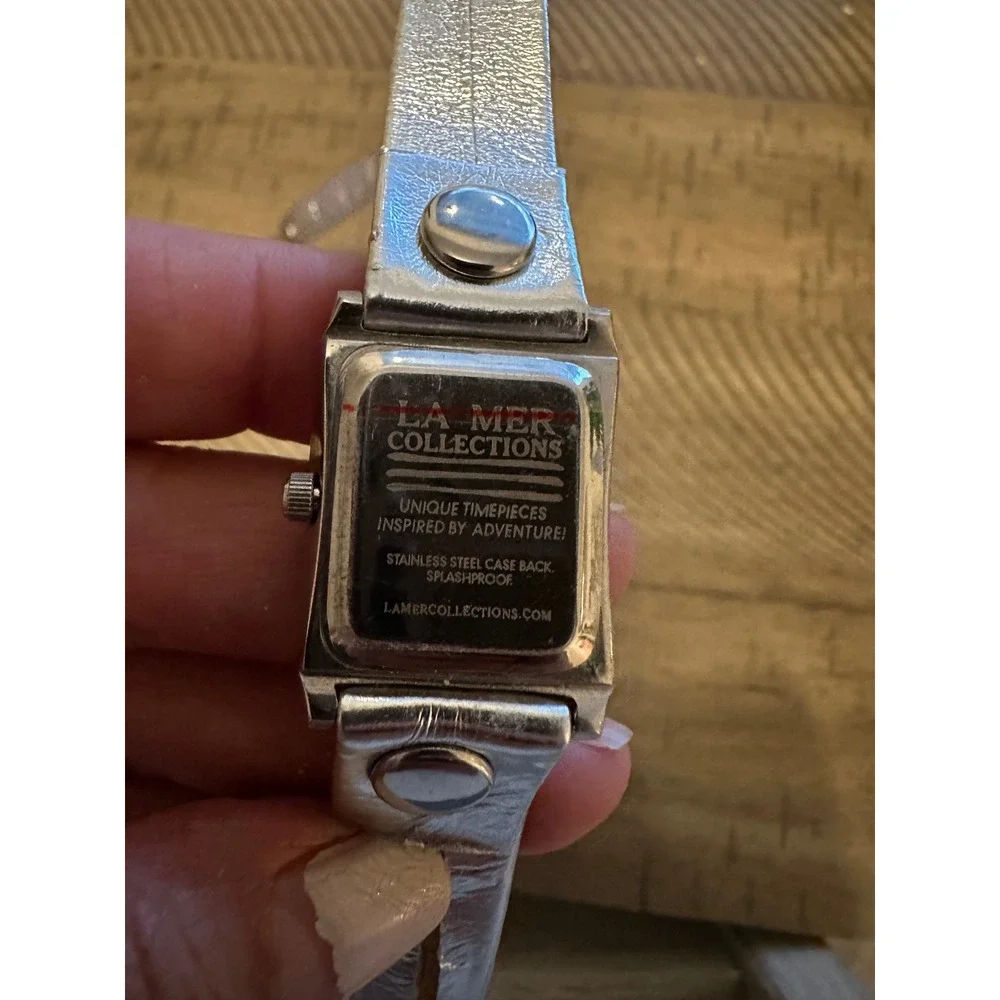 La Mer Collections Silver Rectangle Face Double Wrap Leather Watch